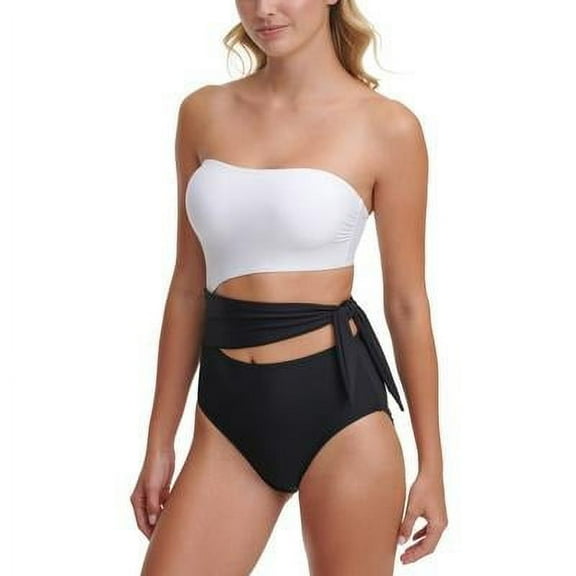 DKNY SOFT WHITE/BLACK Colorblocked Cut-Out Bandeau One-Piece Swimsuit, US 16