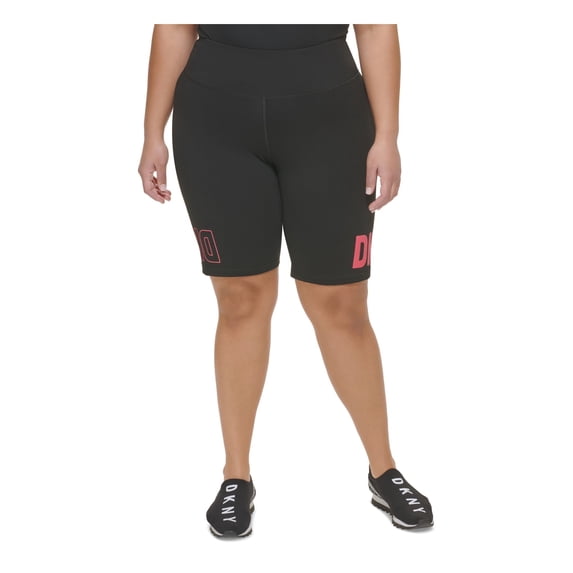 DKNY SPORT Womens Black Fitted Pocketed Pull On Logo Graphic High Waist Shorts Plus 2X