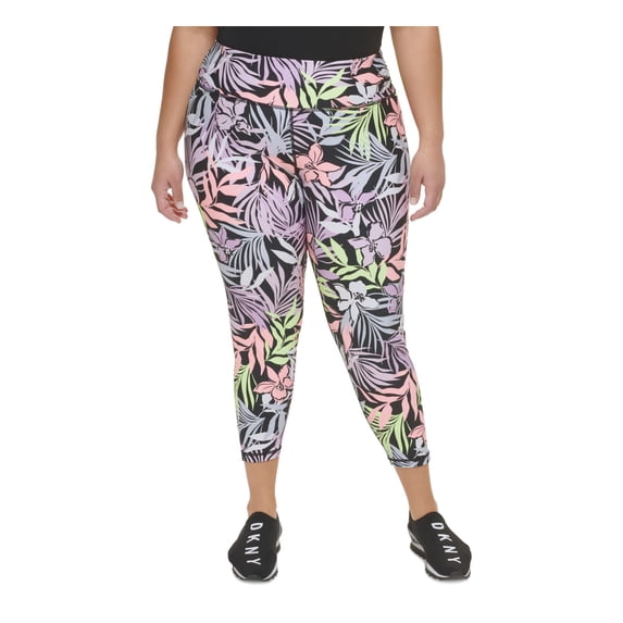 DKNY SPORT Womens Black Pocketed Moisture Wicking High Rise Pull On Printed Cropped Leggings Plus 2X