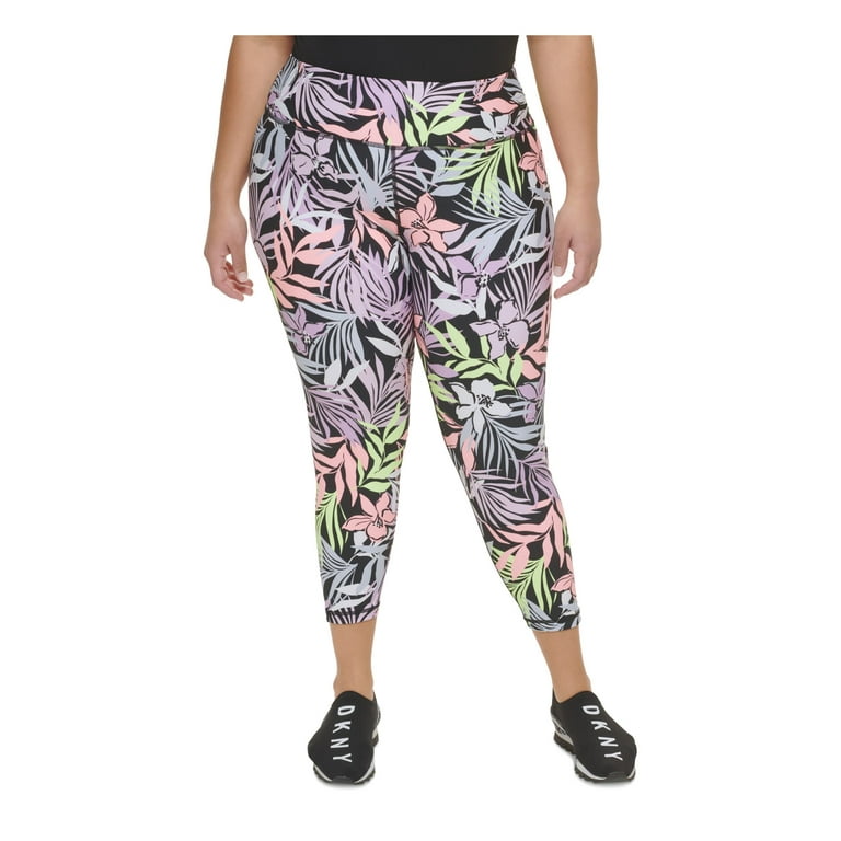 DKNY SPORT Womens Black Pocketed Moisture Wicking High Rise Pull On Printed  Cropped Leggings Plus 2X