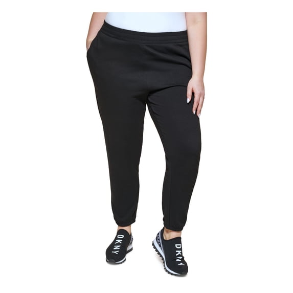 DKNY SPORT Womens Black Tie Pocketed Drawstring Joggers Logo Graphic High Waist Pants Plus 3X