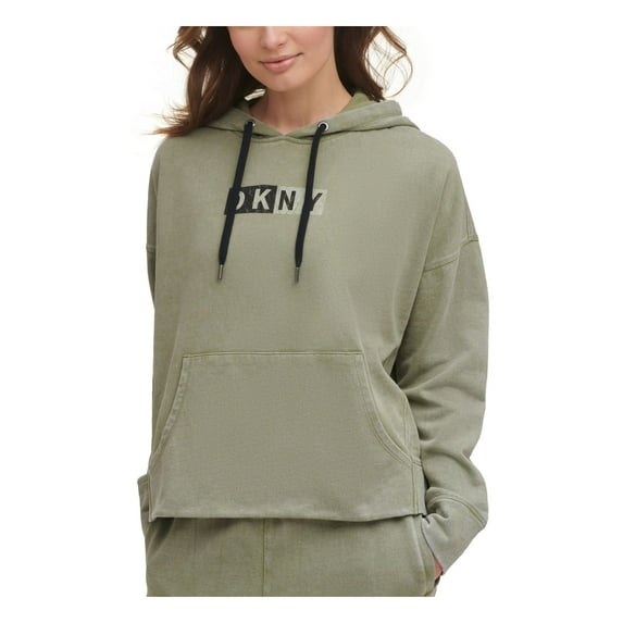 DKNY SPORT Womens Green Cotton Ribbed Pocketed Drawstring Attached Hood Logo Graphic Sweatshirt M