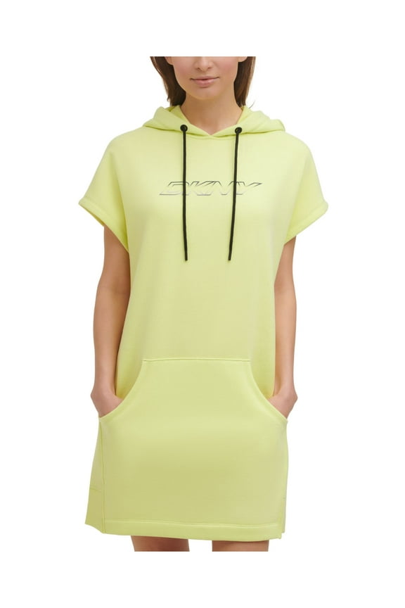 SPORT Womens Green Stretch Pocketed Ribbed Drawstring Hood Logo Graphic Short Sleeve Above The Knee Sweatshirt Dress M