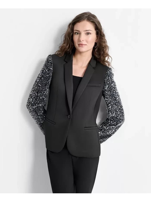 Sequinned-Sleeve Single-Button Blazer Women's 2 Black Side Pockets Collared
