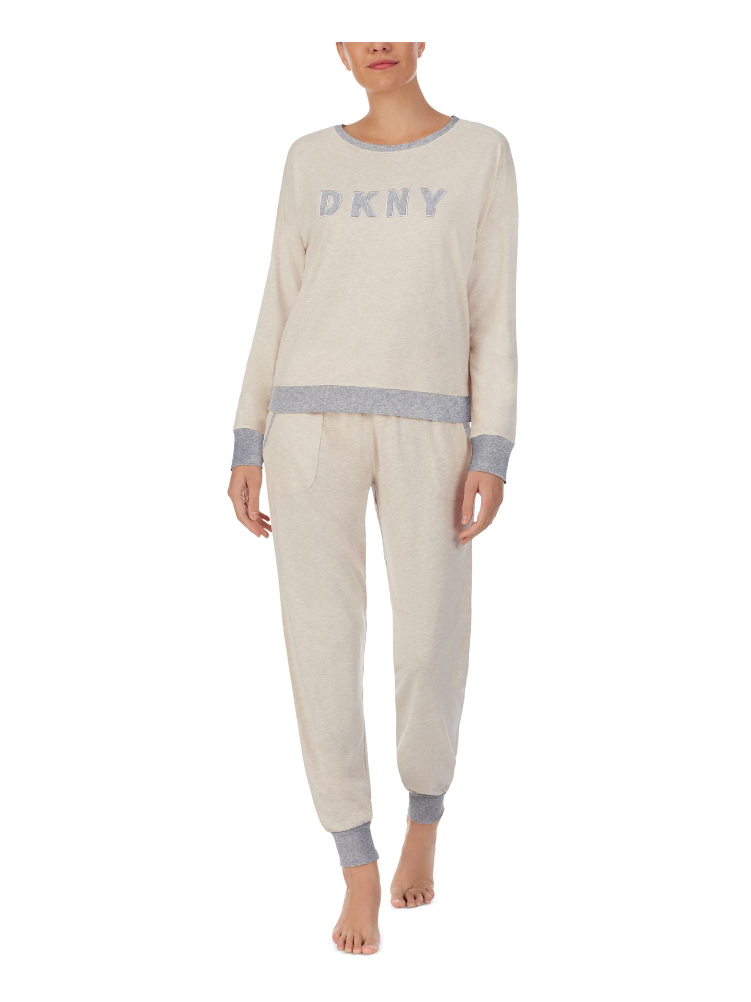 DKNY Sets Beige Elastic Band Heather Long Sleeve Scoop Neck Cuffed  Sleepwear Size M 