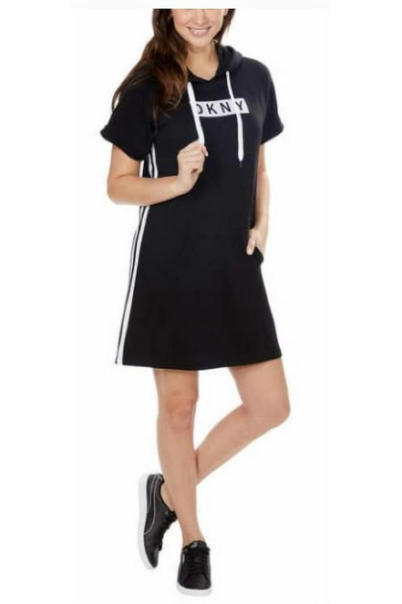Sport Ladies' Black Logo Hoodie Dress Kangaroo Pockets Size XS