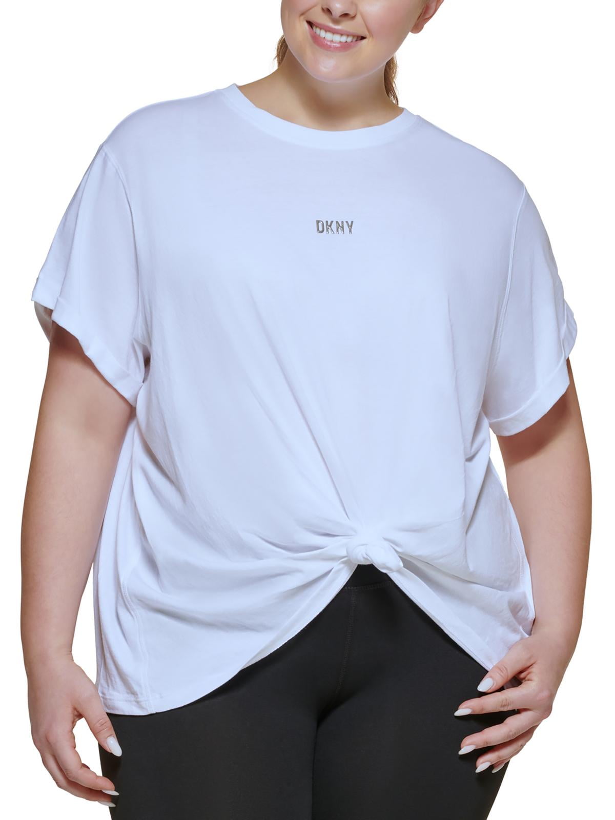 DKNY Women's Sport Plus Knot Front Metallic Logo T-Shirt Blue Size 3X 