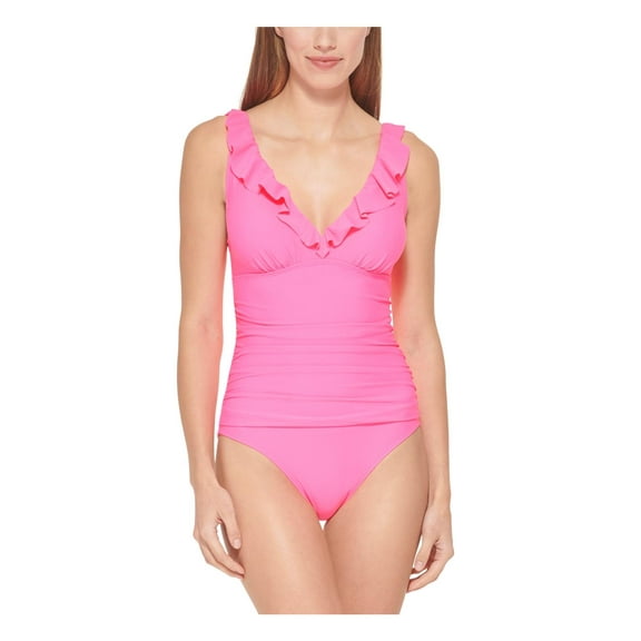 DKNY Women's Ruffle Underwire Tummy Control One-Piece Swimsuit (8, Neon Pink)