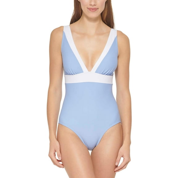 DKNY Swimwear Womens Two Tone V-Neck One-Piece Swimsuit