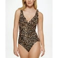 thumbnail image 1 of DKNY TEXTURED CHEETAH BLACK MULTI Printed Ruffle Plunge One-Piece Swimsuit, US 6, 1 of 4