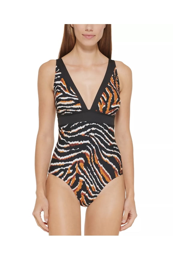 TIGER BLACK MULTI Plunging Animal-Print One-Piece Swimsuit, US 18