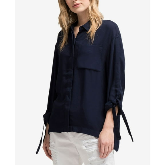 DKNY Tie Sleeve High Low Shirt Heritage Navy M
