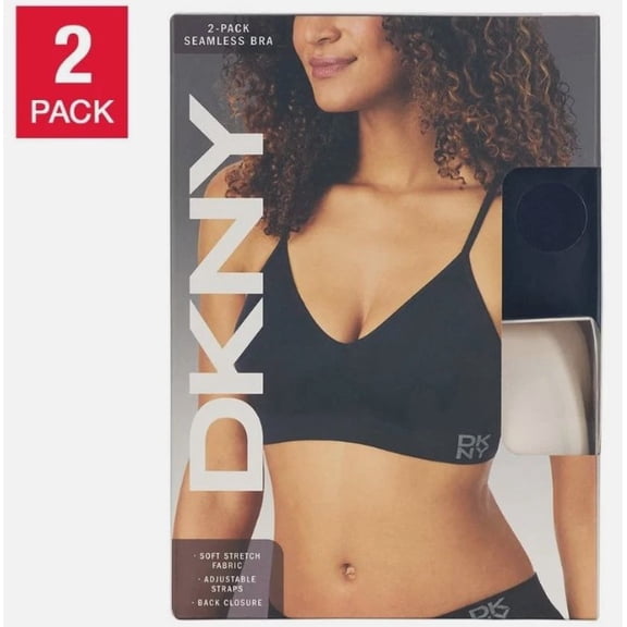 DKNY Womens 2-Pack Seamless Bra Wireless Adjustable Strap - Bralette Soft Stretch - Black/Ivory - Size Small