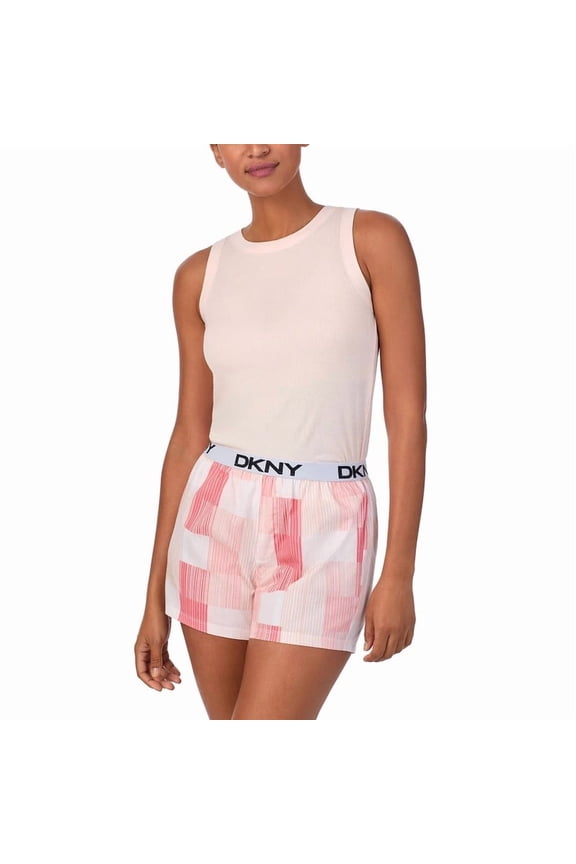 Women's 2 Piece Outfit Clothing Set - Tank Top & Short (Pearl Cream Pink Plaid Stripe Print, Medium)