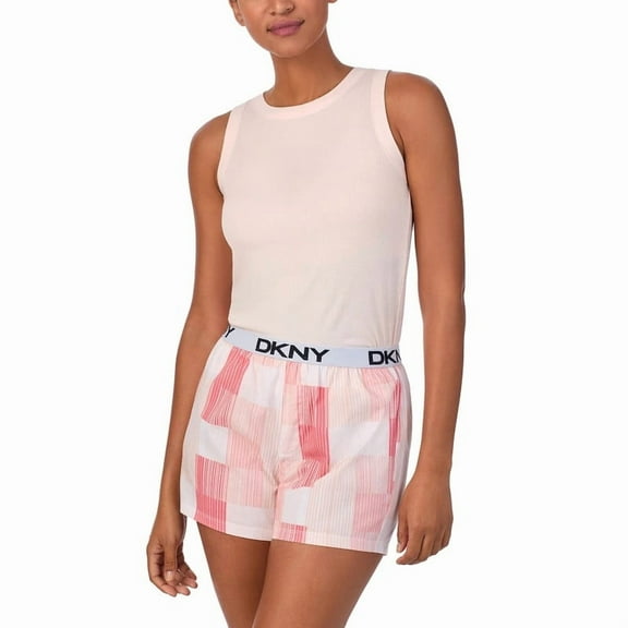 DKNY Women's 2 Piece Outfit Clothing Set - Tank Top & Short (Pearl Cream Pink Plaid Stripe Print, Small)