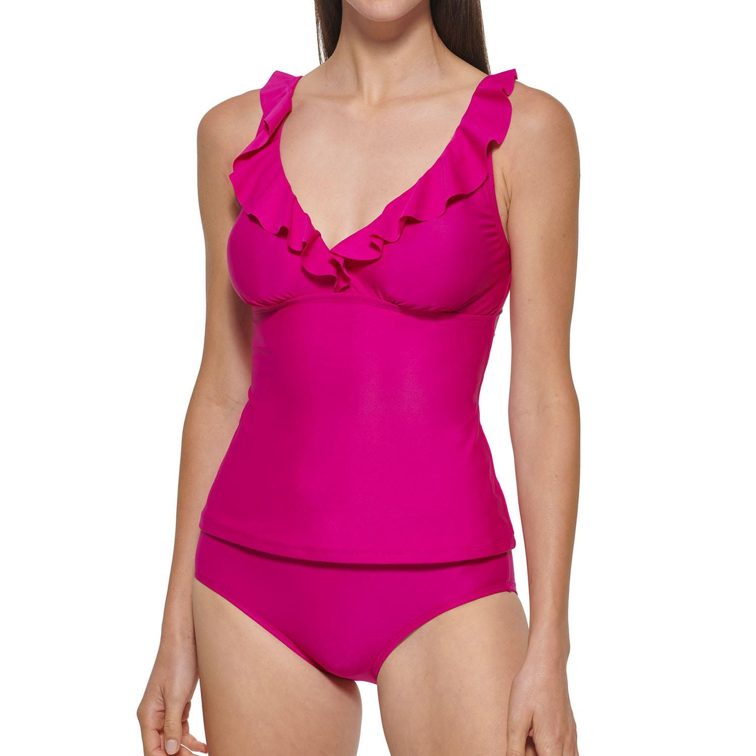DKNY Women's 2 Piece Ruffled Tankini Swimsuit (Pink, S)