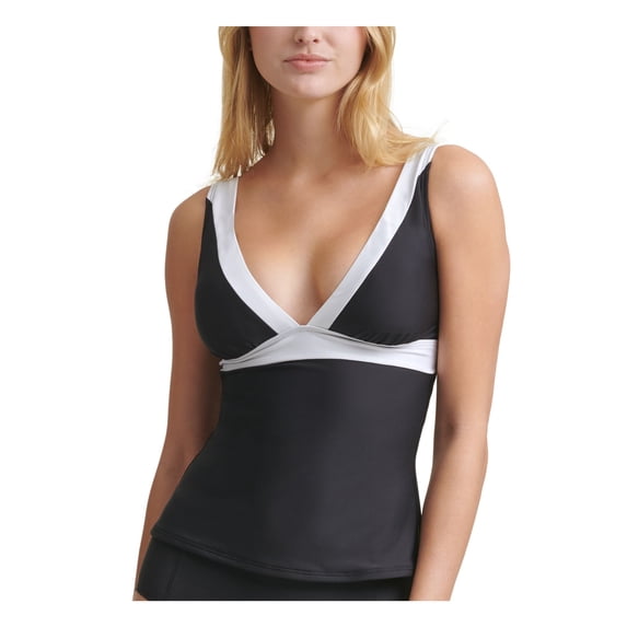 DKNY Women's Black Color Block Stretch Removable Soft Cups Deep V Neck Adjustable Tankini Swimsuit Top S