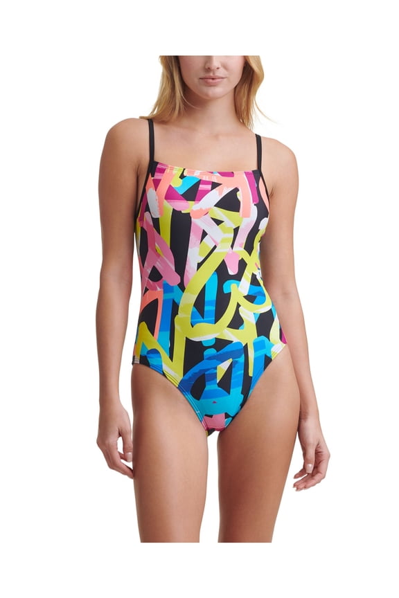 Women's Black Printed Removable Soft Cups Adjustable Square Neck One Piece Swimsuit L