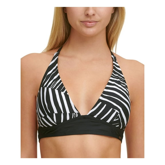 DKNY Women's Black Printed Stretch Removable Cups Bikini Deep V Neck Tie Halter Swimsuit Top S