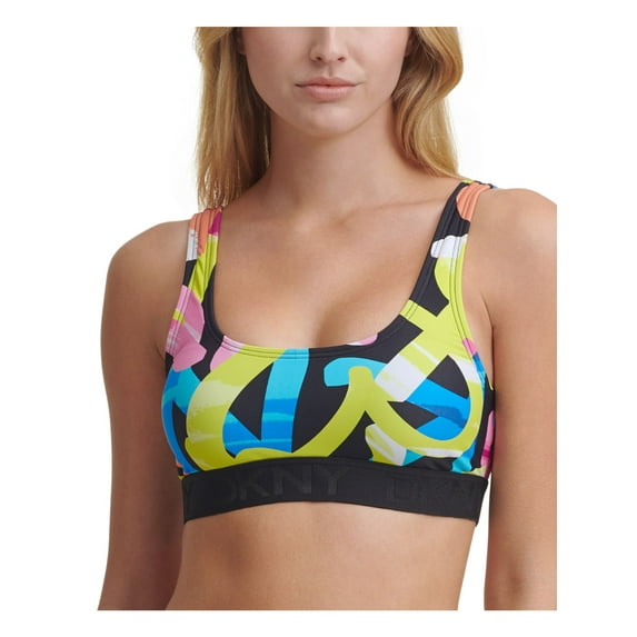 DKNY Women's Black Printed Stretch Removable Cups Lined Scoop Neck Swimsuit Top L