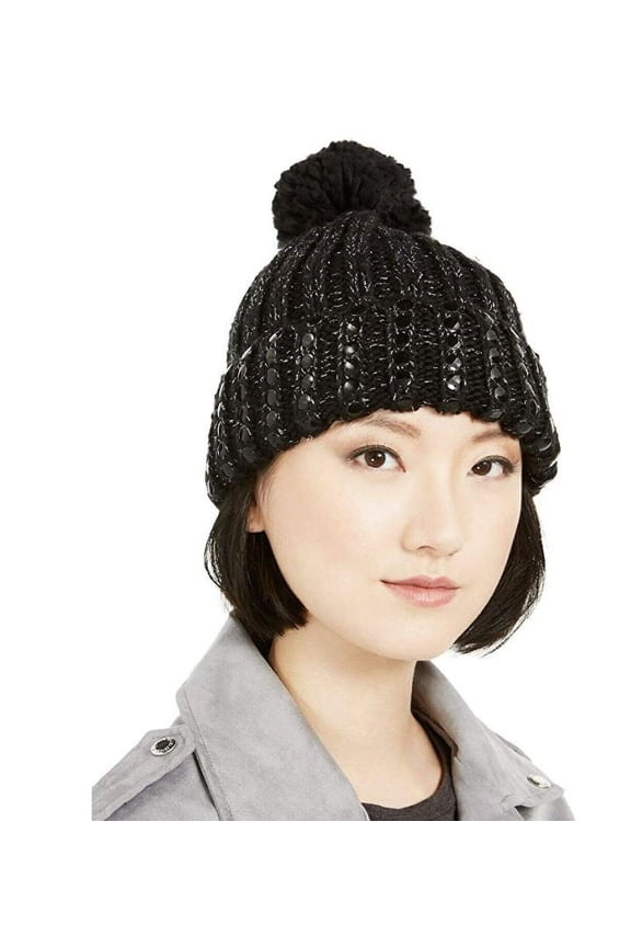 Women's Black Silver Flat-Stud Metallic Rib-Knit Chunky Hat, One Size