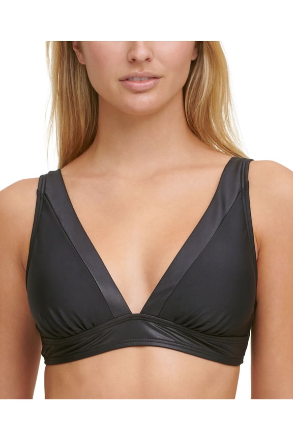 Women's Black Stretch Tie At Back Removable Cups Deep V Neck Adjustable Swimsuit Top S