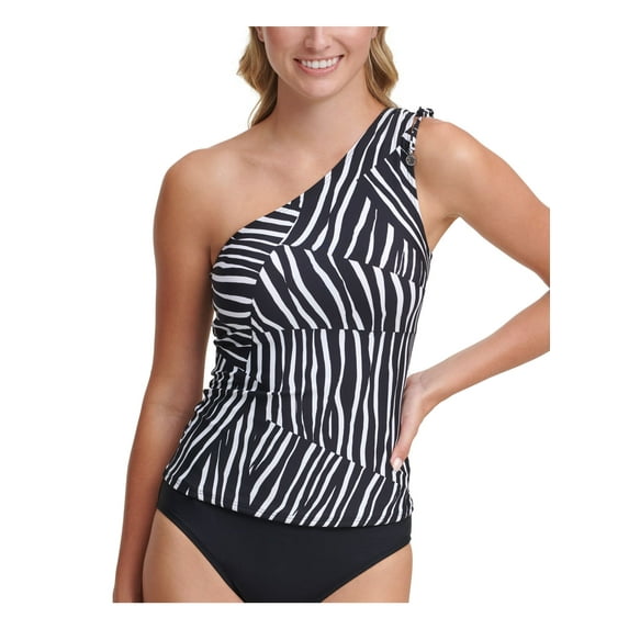 DKNY Women's Black Zebra Print Removable Cups Lined Tie Classic One Shoulder Tankini Swimsuit Top L