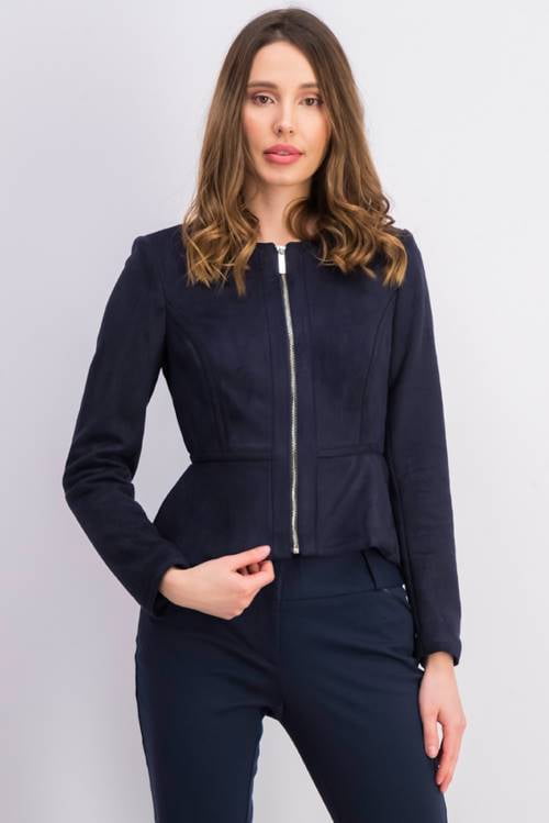 DKNY Women's Faux-Suede Zip-Front Peplum Jacket Navy Size 14