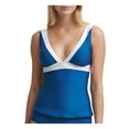 thumbnail image 1 of DKNY Women's Blue Color Block Removable Soft Cups Deep V Neck Adjustable Tankini Swimsuit Top L, 1 of 7
