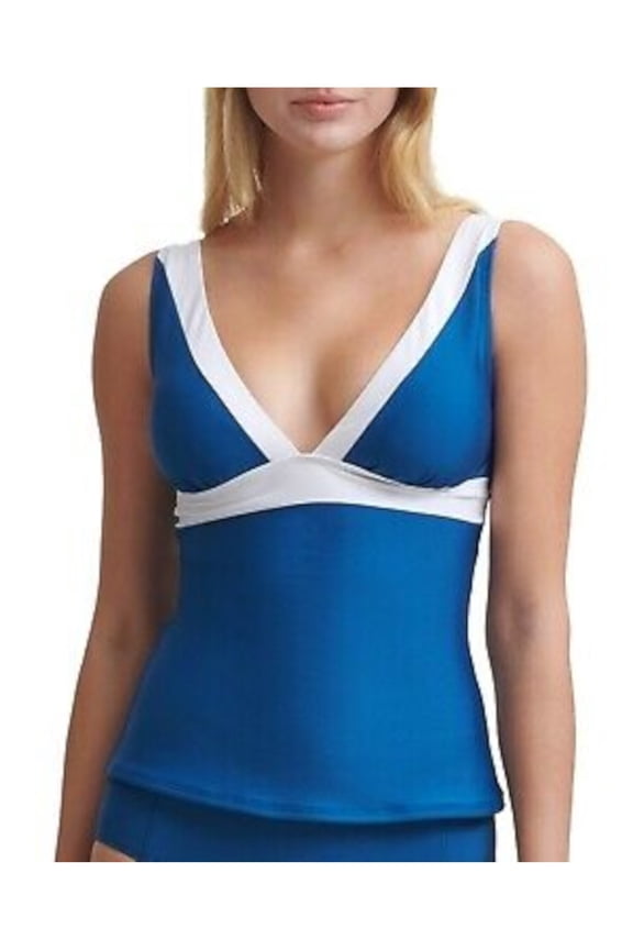 Women's Blue Color Block Removable Soft Cups Deep V Neck Adjustable Tankini Swimsuit Top XXL