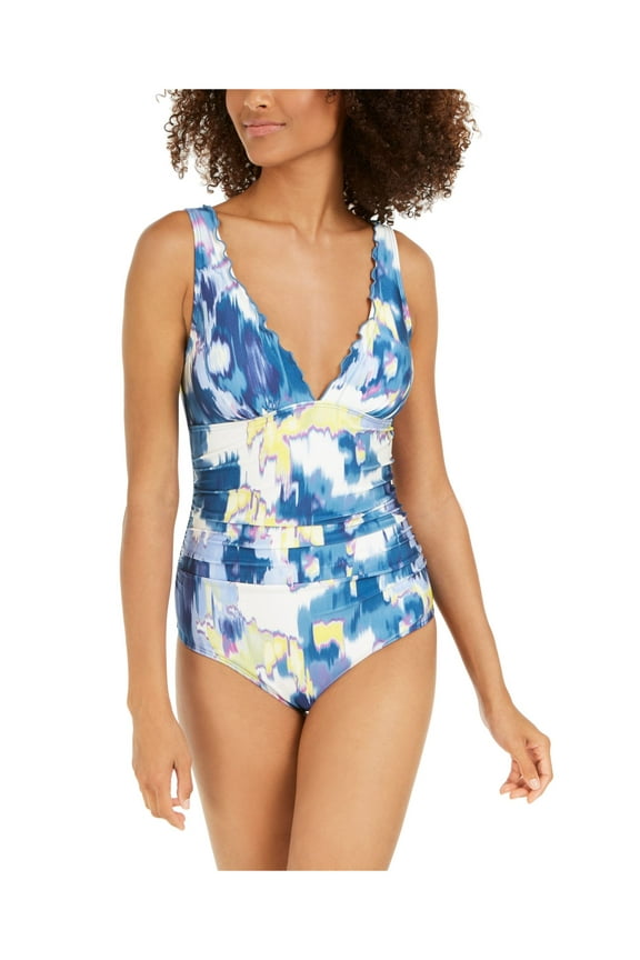 Women's Blue Printed Stretch REMOVABLE CUPS Deep V Neck Moderate Coverage One Piece Swimsuit 14