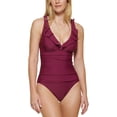 thumbnail image 1 of DKNY Women's Burgundy Stretch Tummy Control Ruffled Removable Cups Lined Deep V Neck Moderate Coverage One Piece Swimsuit 6, 1 of 3