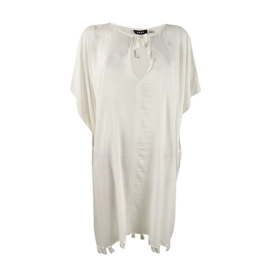 DKNY Women's Chiffon Pom-Pom Caftan Swim Top Cover-Up (S/M, Ivory)