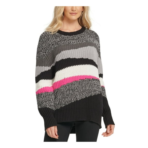 DKNY Women's Colorblocked Crewneck Sweater (L, Grey Multi)