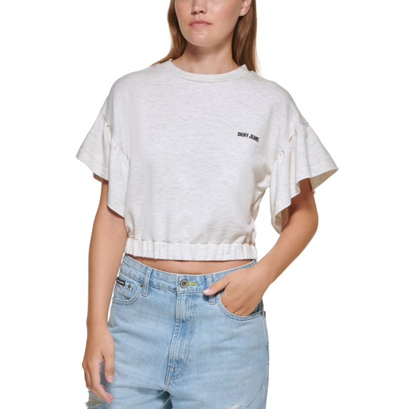 DKNY Jeans Cropped Flutter Sleeve T-Shirt Beach Melange 2XS