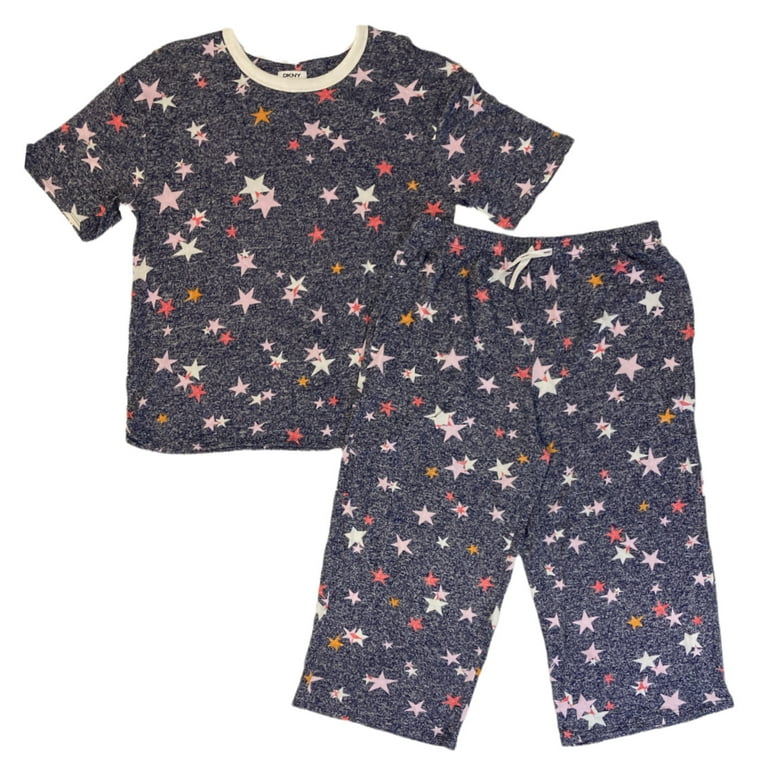 DKNY Women s Elastic Waistband Capri Short Sleeve Pajama Set Navy Star S