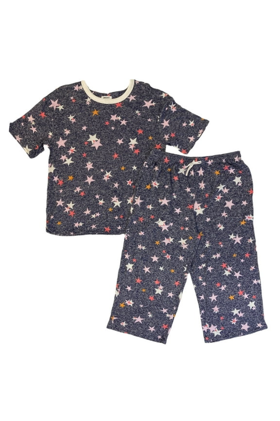 Women's Elastic Waistband Capri & Short Sleeve Pajama Set (Navy Star, S)