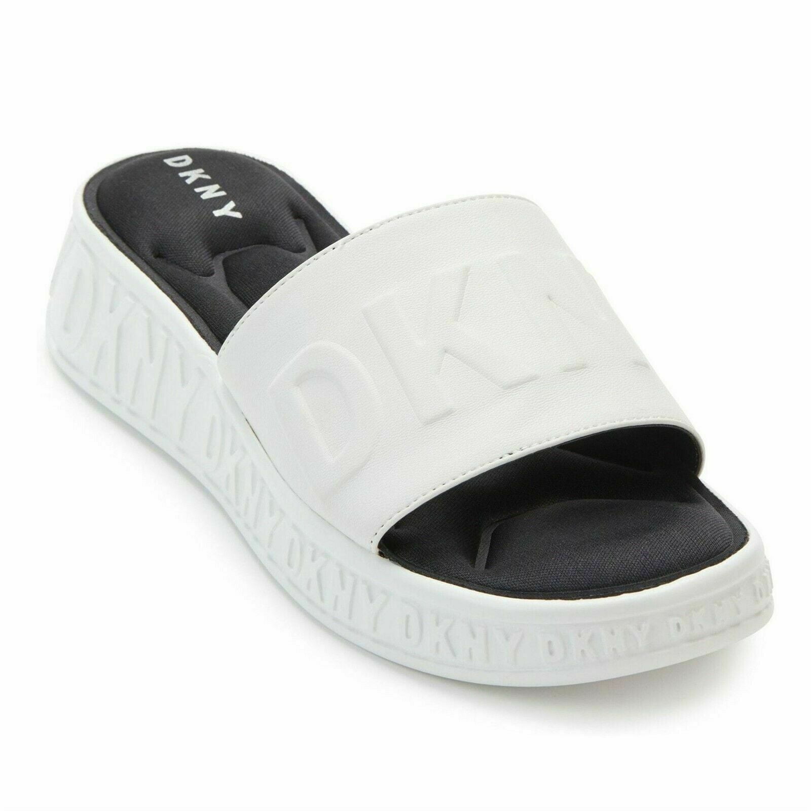 DKNY Women's Embossed Logo Memory Foam Mara Slide Wedge Sandals, White 8