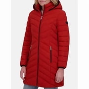 DKNY Womens Full Zip Hooded Puffer Jacket, Red, Medium
