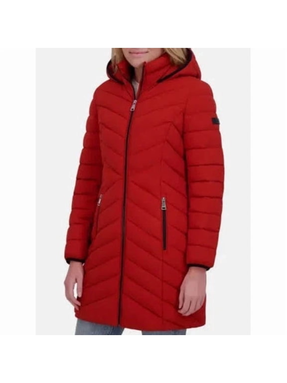 Women's Full Zip Hooded Puffer Jacket, Red, Medium