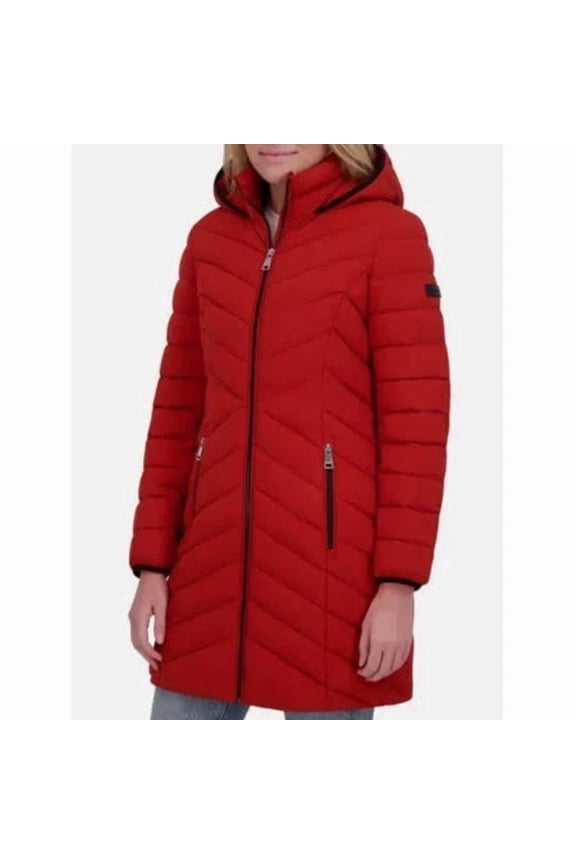 Women's Full Zip Hooded Puffer Jacket, Red, Medium