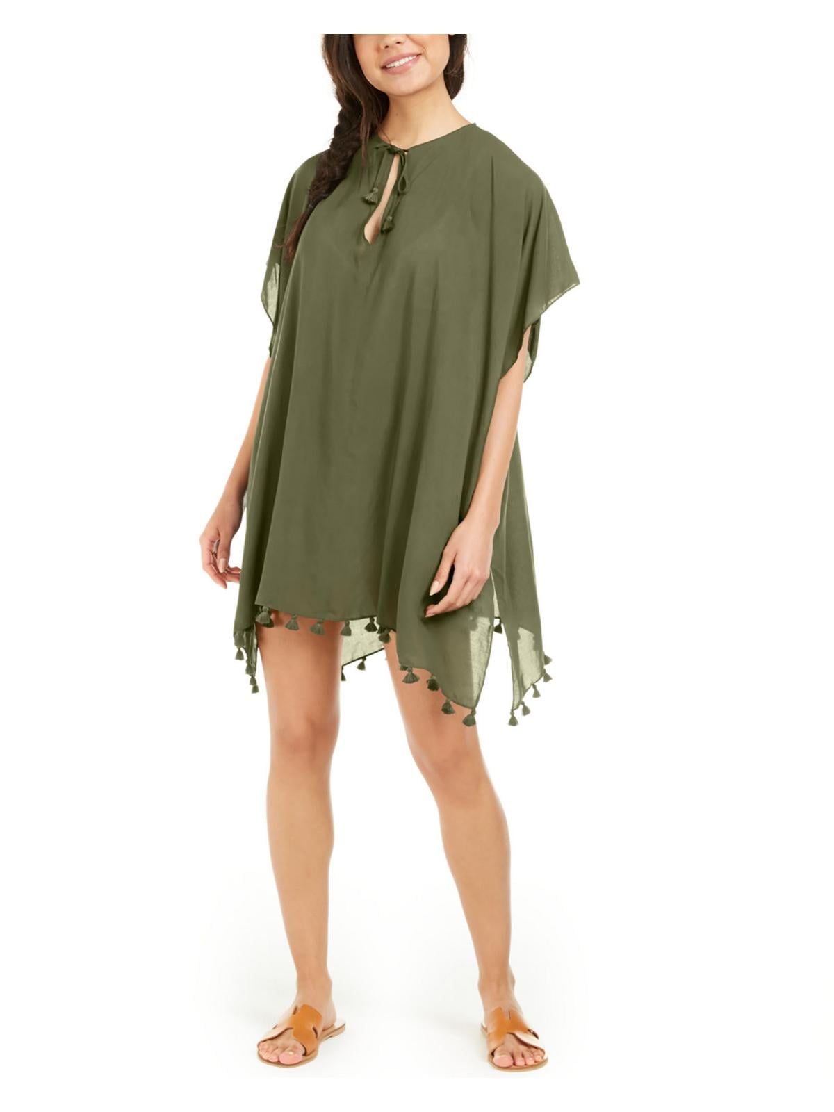 DKNY Women's Green Pom Pom Hem Caftan Deep V Neck Swimsuit Cover Up L\XL