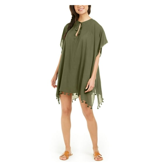 DKNY Women's Green Pom Pom Hem Caftan Deep V Neck Swimsuit Cover Up L\XL