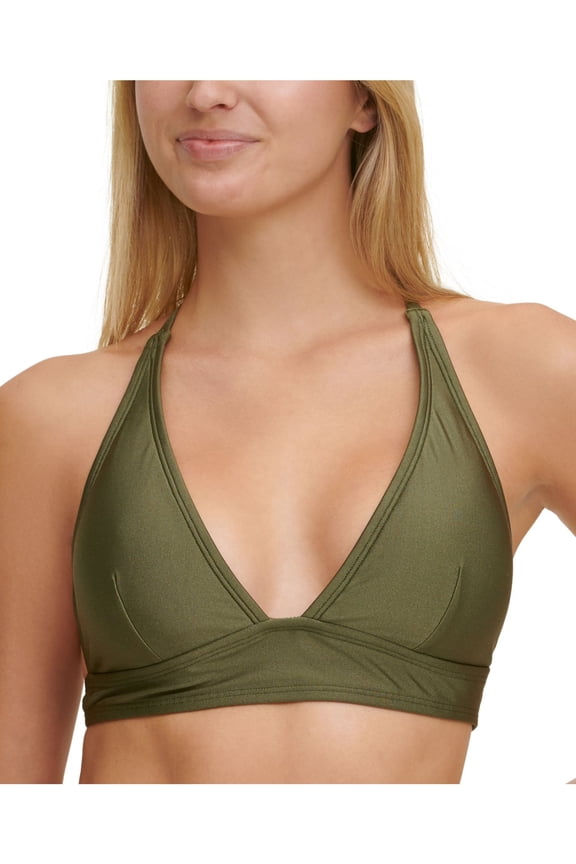 Women's Green Stretch Halter Lined Deep V Neck Tie Triangle Swimsuit Top XL