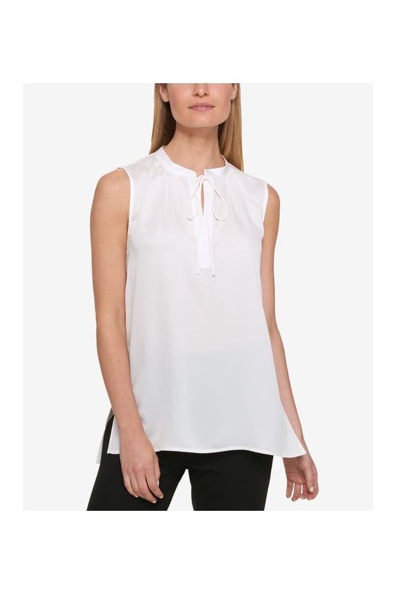 Women's Keyhole High Low Sleeveless Blouse White 14
