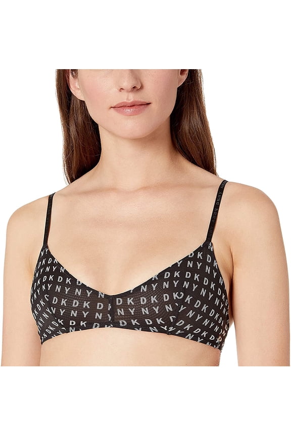 DKNY Women's Lightweight Mesh Wirefree Bralette Black Logo Block S