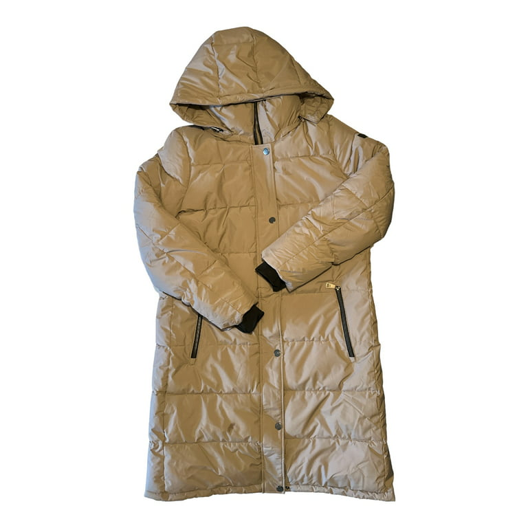 DKNY Women's Long Puffer Detachable Hooded Wind Resistant Jacket