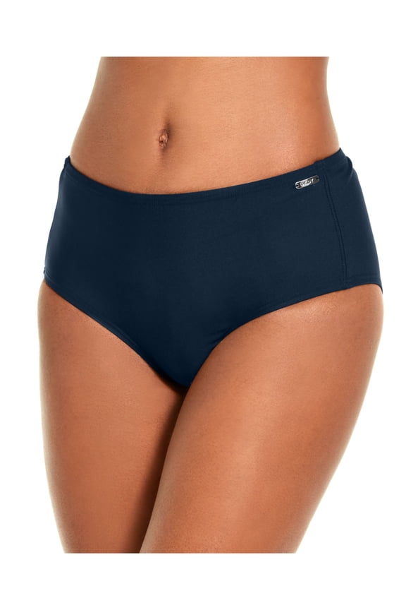 Women's Navy Logo Stretch Lined Full Coverage Classic High Waisted Swimsuit Bottom L