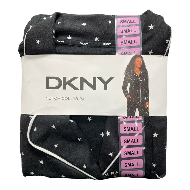 DKNY Women s Notch Collar 2 Piece Long Sleeve Pant Pajama Set Black S Walmart
