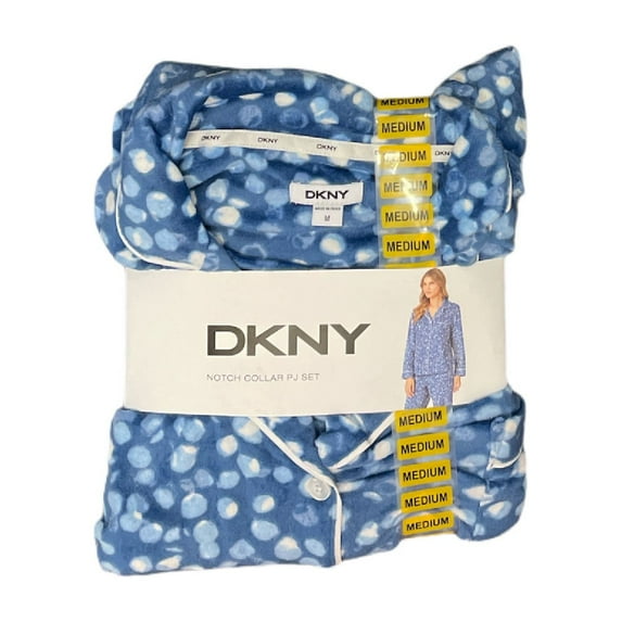DKNY Women's Notch Collar Super Soft Button Up Fleece Pajama Set (Blue Dot, M (10-12))